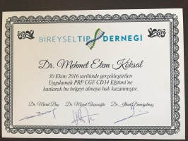 Uygulamalı PRP-CGF-CD34 Eğitim Katılım Belgesi (Bireysel Tıp Derneği)