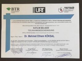 1.Uluslararası Regulasyon Tıbbı ve Koruyucu Hekimlikte Tan ve Tedavi Yöntemleri Kongresi Katılım Belgesi (BTR –Bilimsel Tamamlayıcı tıp ve Regülasyon derneği)